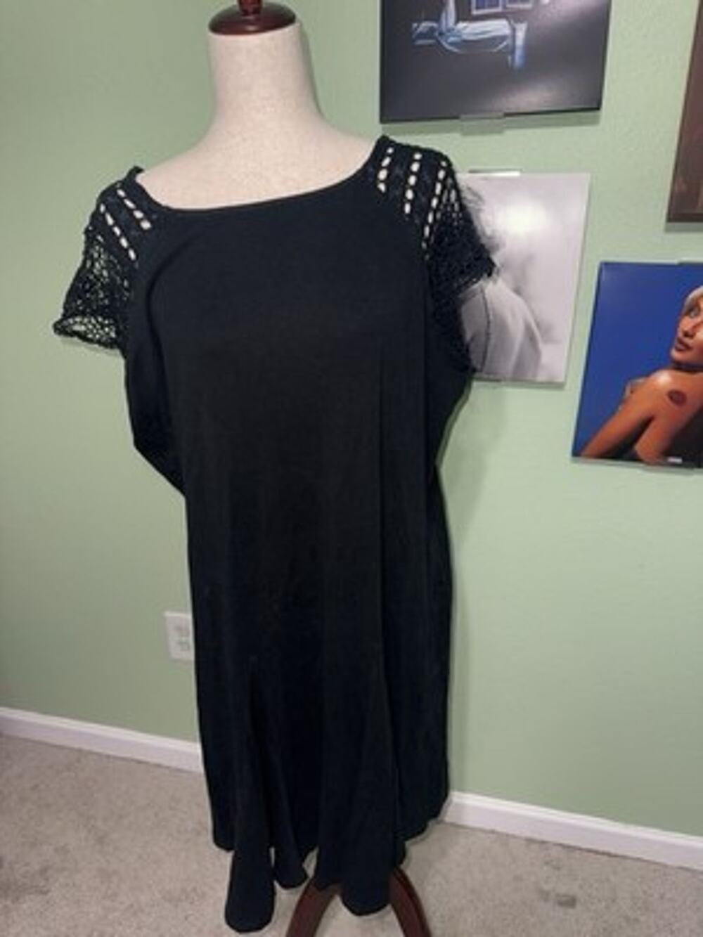 Lauren Ralph Lauren Black Crochet Short Sleeve Dress Womens 3X Plus Knit Midi